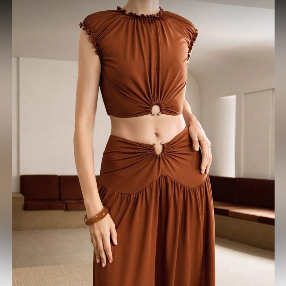 Rust brown stretchy 2 piece matching SET maxi skirt & top set, stretchy - Picture 7 of 7